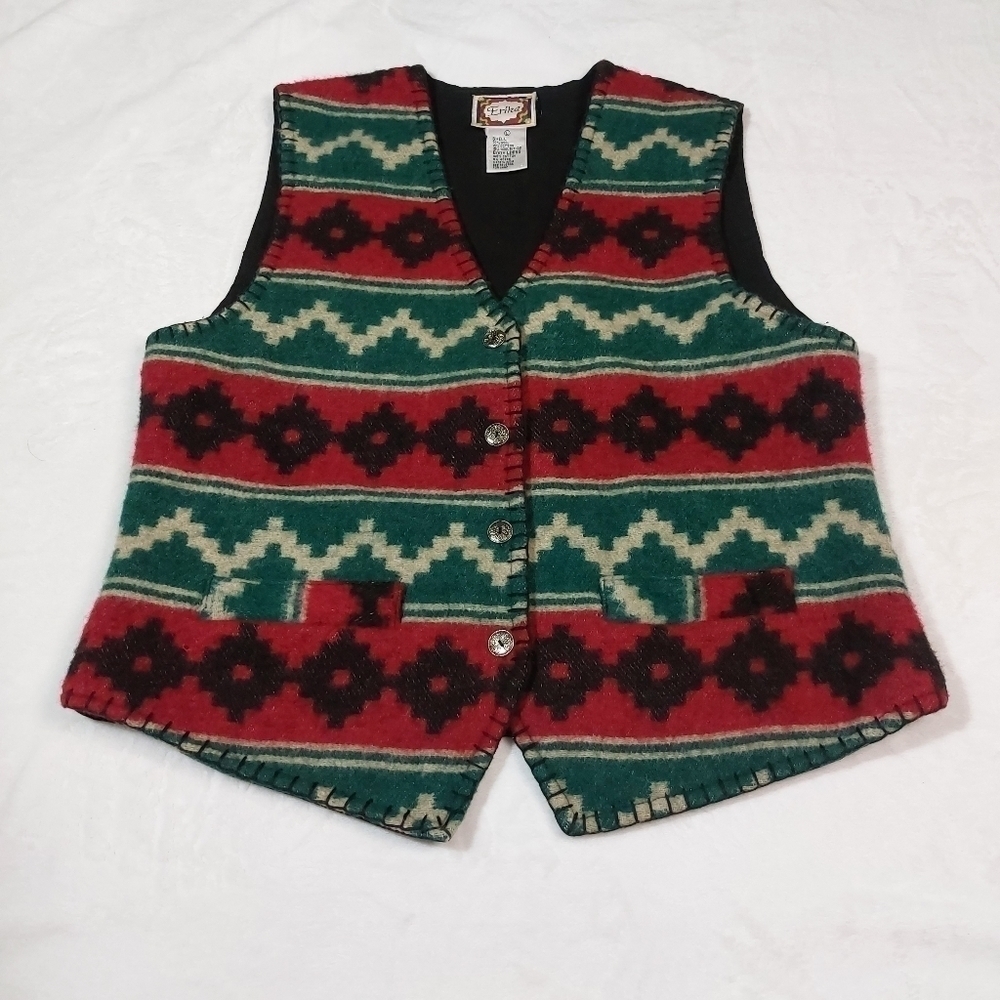 ERIKA WOMENS VTG MULTICOLORED WOOL SOUTH WESTERN PRINT COWBOYCORE VEST SZ L